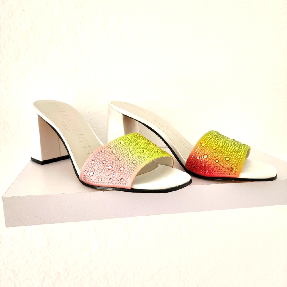KARL LAGERFELD PARIS NIB Women's Pera Mule Rainbow Color Dress Sandal. Size 9M